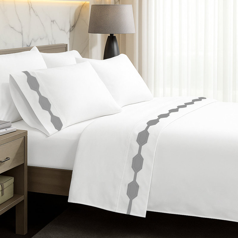 Hexagonal Applique Border Cotton Sheet Set, Dark Grey Border, Full Sheet Set