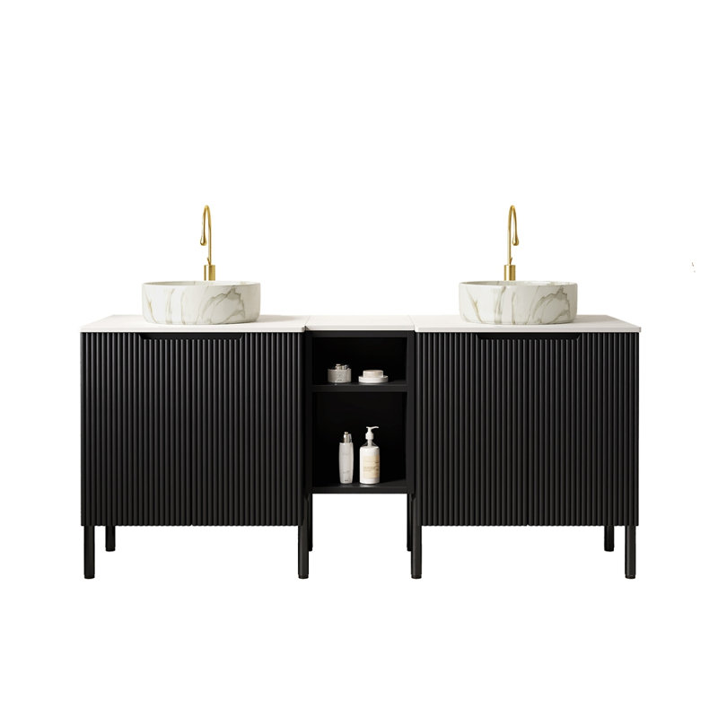 Meuble-lavabo double autoportant 60 po avec lavabo 60 po, 2 armoires de rangement rayées 24 po + tablette ouverte amovible 12 po, 2 vasques rondes en pierre avec comptoir blanc Carrara