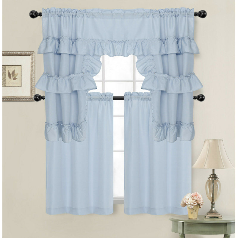 Sonja Ruffled Kitchen Curtain, Light Blue