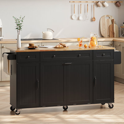 69" Kitchen Island With Double Trash Storage Cabinet, Rolling Kitchen Carts With Power Outlet & Soild Wood Drop Leaf by Ebern Designs