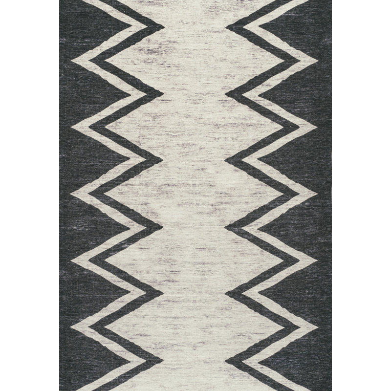 Bonnes Modern Chevron Border Machine-Washable Ivory/Navy Rug, Rectangle 3'11" x 6'