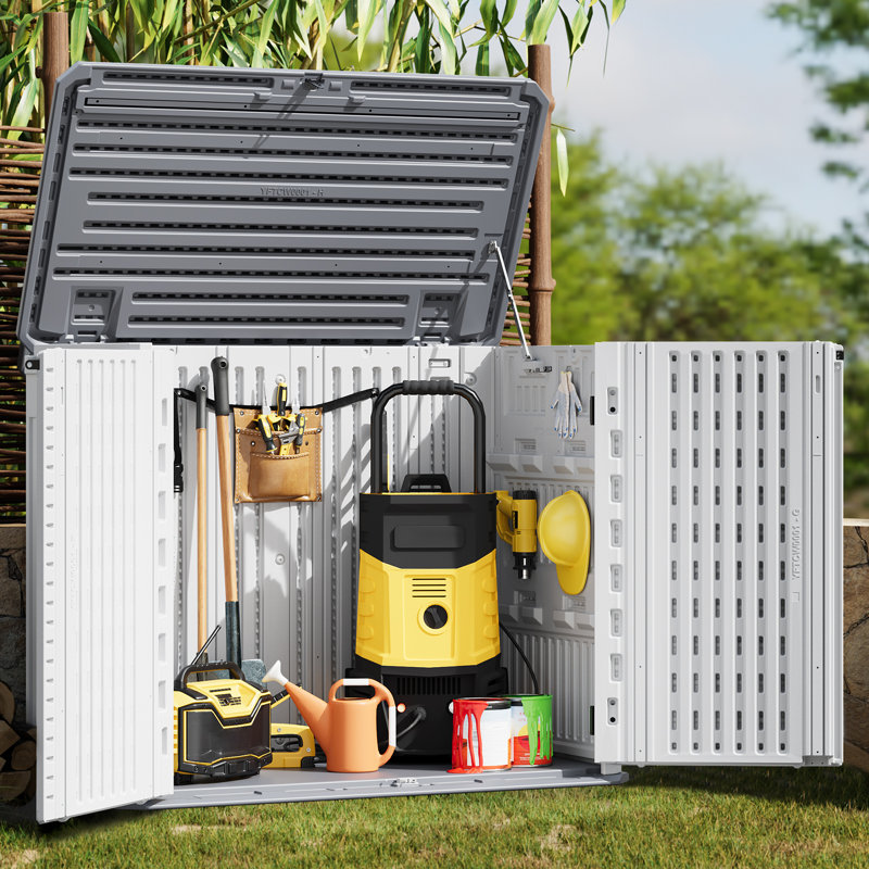 Outdoor Resin Storage Cabinet for Patio Tools, 35 Cu Ft Waterproof Box for Trash Cans