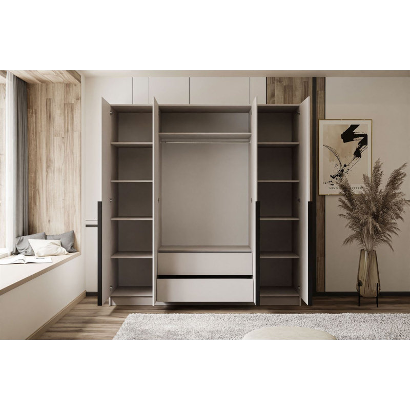 4 Door Manufactured Wood Wardrobe, black handles