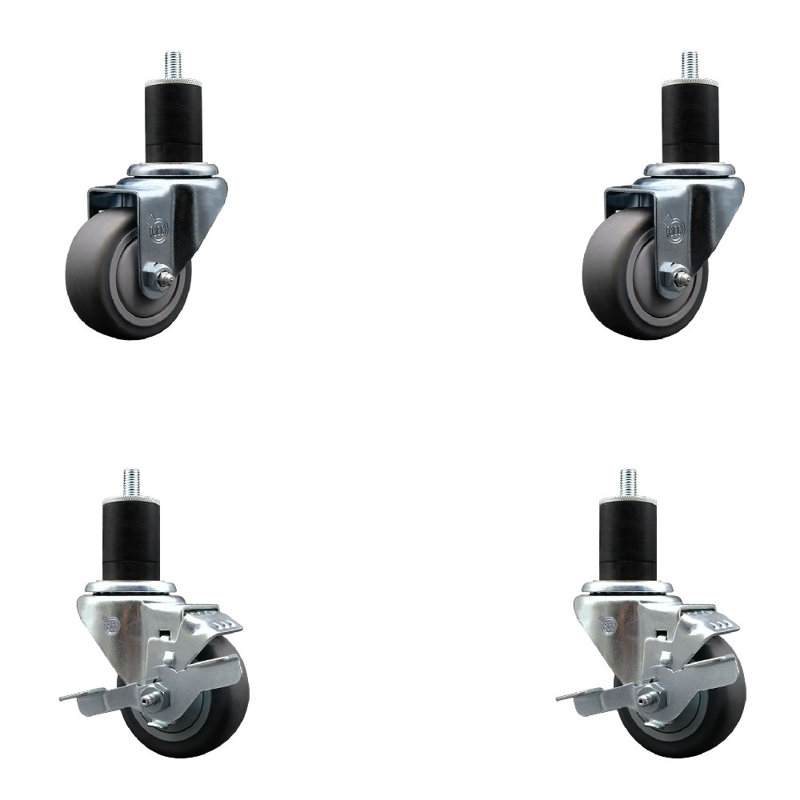 3 Inch Thermoplastic Rubber Wheel Swivel 1-3/4 Inch Expanding Stem Caster Set 2 Brakes SCC