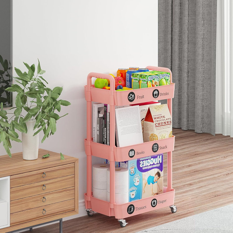 3-Tier Rolling Cart with Wheels,Multifunction Utility Storage carts, Kitchen Storage Organizer,Mobile Shelving Unit, Pink