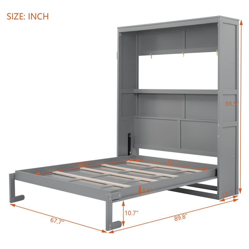 Grand lit escamotable mural avec tablettes, meubles de chambre à coucher peu encombrants, gris
