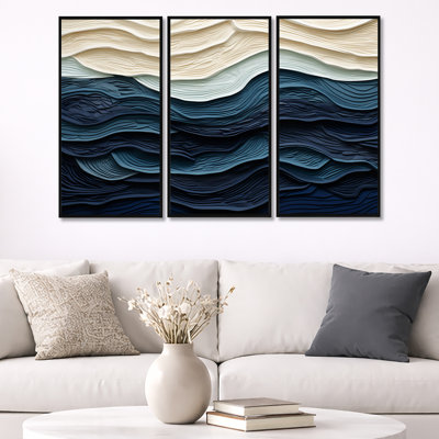 Blue And White Coastal Waves Edge - Coastal Minimalism Wall Art Set 3 Pieces