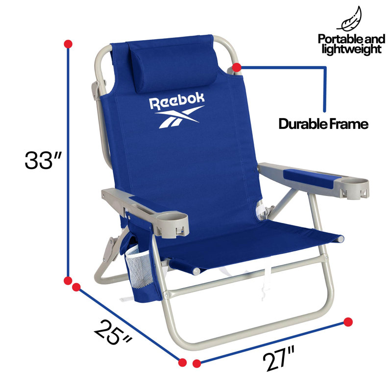  5-Position Reclining Aluminum Beach Chair, Portable Foldable Backpack Lounge Chair with Pillow, Cup Holder and Side Pocket, Navy Blue