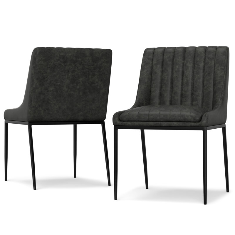 Melody Vegan Faux Leather Upholstered Dining Chair with Channel Stitching and Metal Legs (Set of 2), Gray