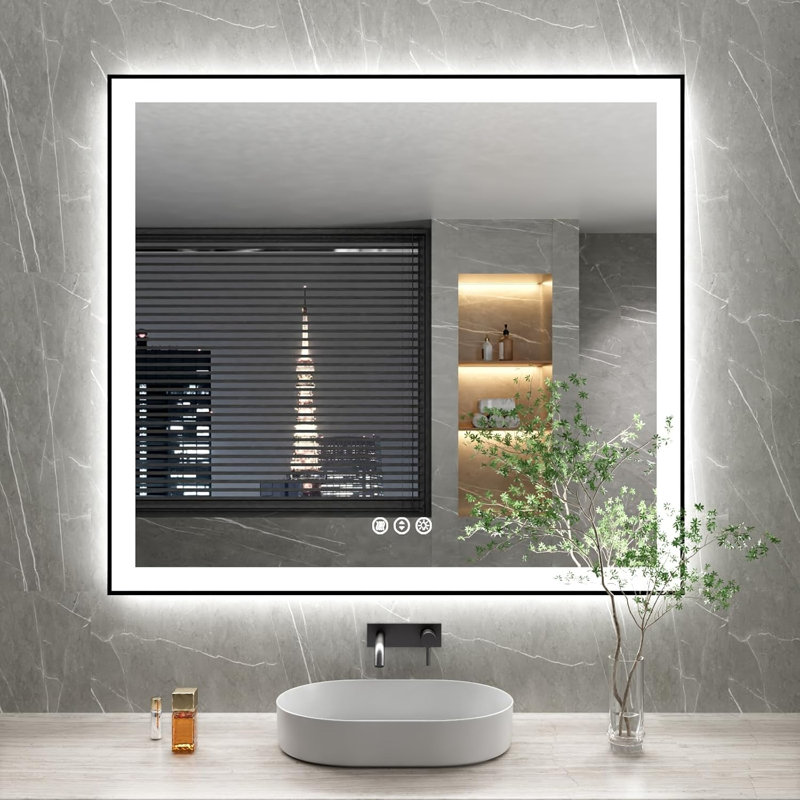 LED Bathroom Mirror With Black Frame, Backlit And Front Lighted Bathroom Mirrors For Wall, 40" x 36"