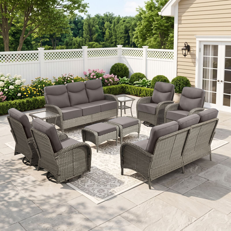 Ensemble de conversation avec coussins pivotants et repose-pieds 10 po pour patio en osier 10 pièces, Gris
