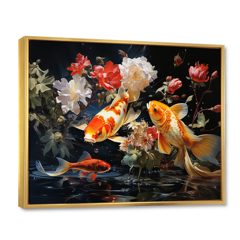 Japon jaune et rouge doré Koi I sur toile, H 30 po x l 40 po x P 1,5 po, Cadre flottant doré