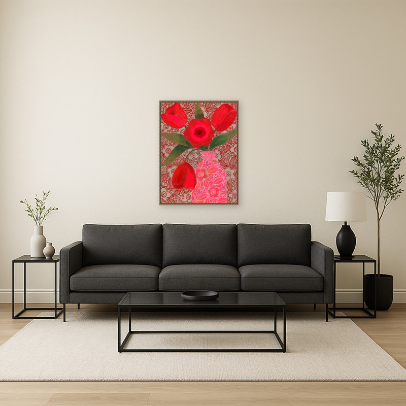«Red Tulips» par Susan, reproduction d'art sur toile encadrée noire, 23 x 30