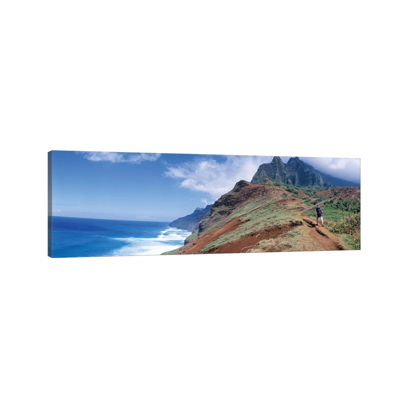 Adult Hiking Up A Mountain, Kalalau Trail, Na Pali Coast, Kauai, Hawaiis - Wrapped Canvas Panoramic Print