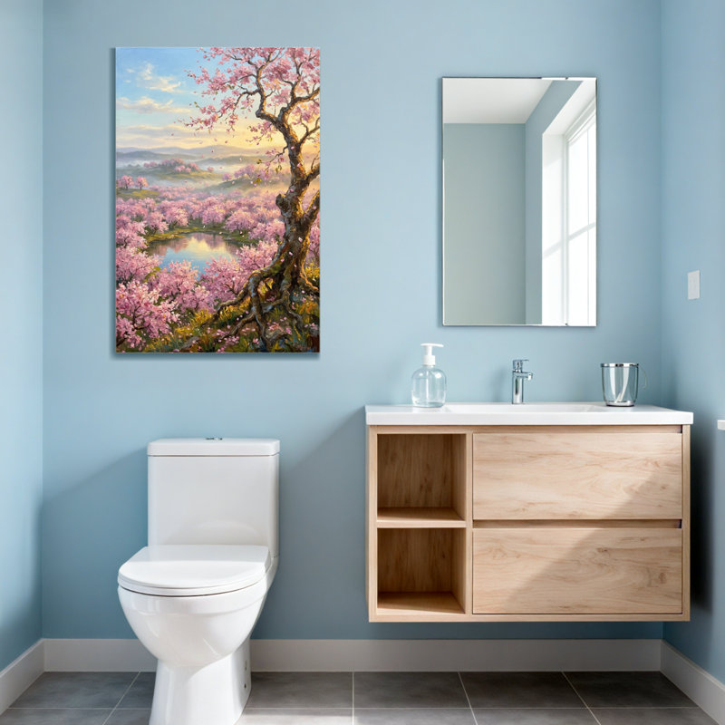 Plantes et fleurs de cerisier en fleurs avec arbre et lac, H 30 po x l 20 po