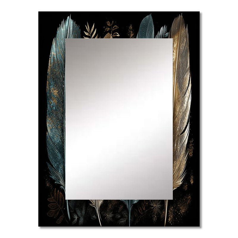 Plumes dorées dorées I - miroir mural unique en plumes Glam, miroir doré, impression sur métal, 32 po x 24 po
