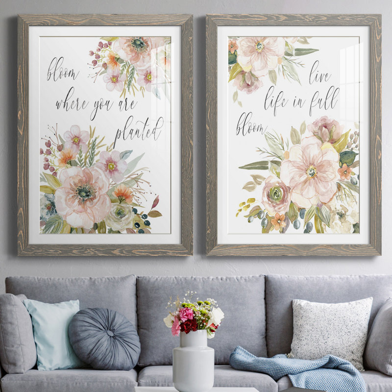 «Peach Bloom I», ensemble de 2 reproductions d'art textuel, Blanc, Cadre en papier gris, H 37,5 po x l 55 po x P 1,5 po