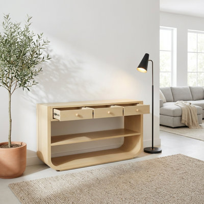 Console moderne courbée avec 3 tiroirs à fermeture en douceur et 2 tablettes de rangement ouvertes, base en bois massif robuste, table d'entrée multi-scène polyvalente