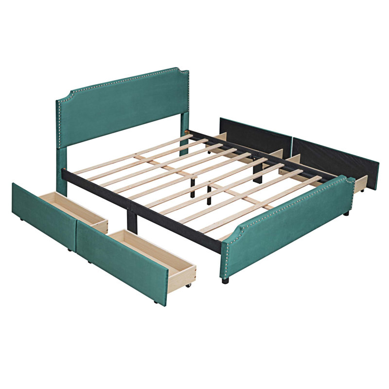 Grand lit plateforme de rangement tapissier, Vert