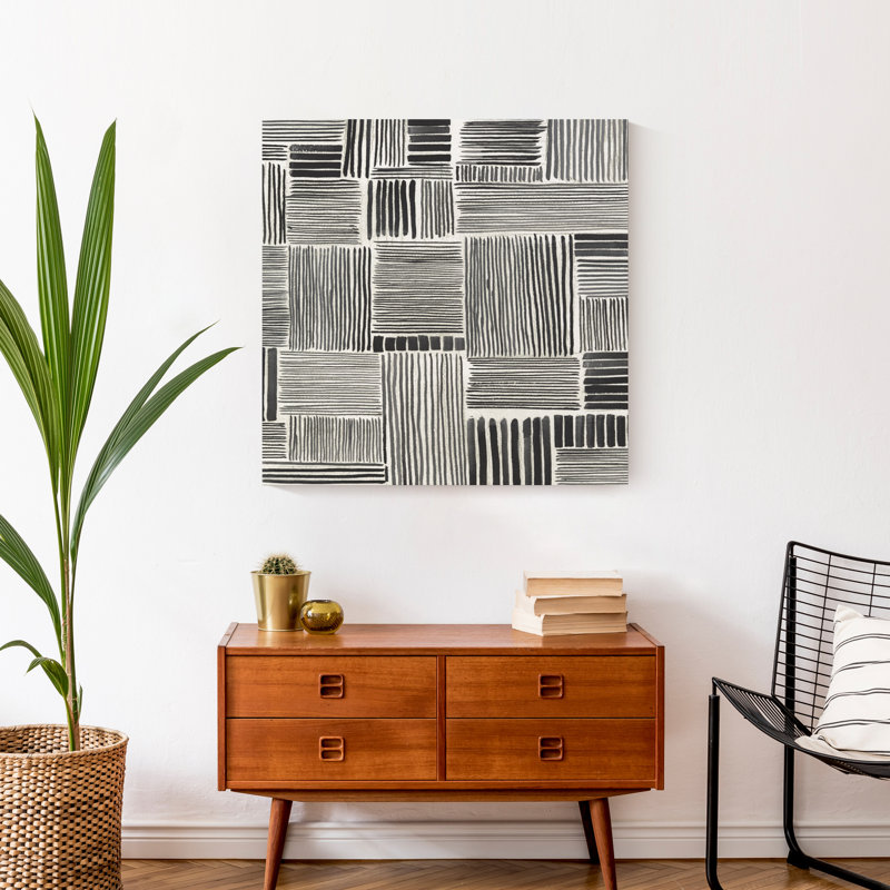 Carrés rayés noirs et blancs - Peinture sur toile, Toile tendue, H 20 po x l 20 po x P 1,25 po