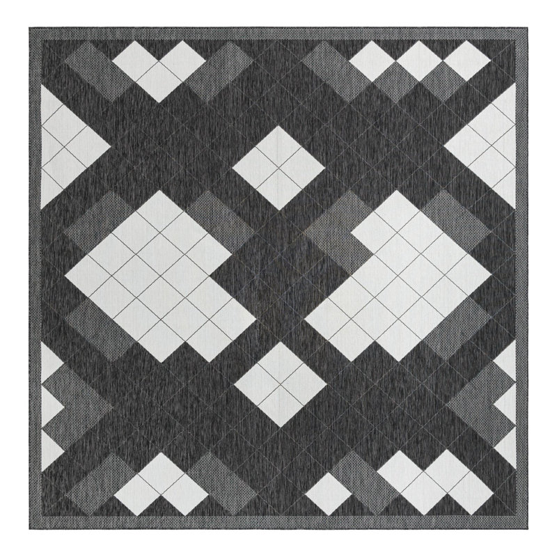 Tapis intérieur / extérieur en polypropylène géométrique tissé à la machine en noir / blanc, Carré 12 pi