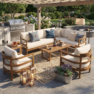 Ensemble de canapé modulaire d'extérieur en bois d'acacia 7 places, ensemble de patio modulaire