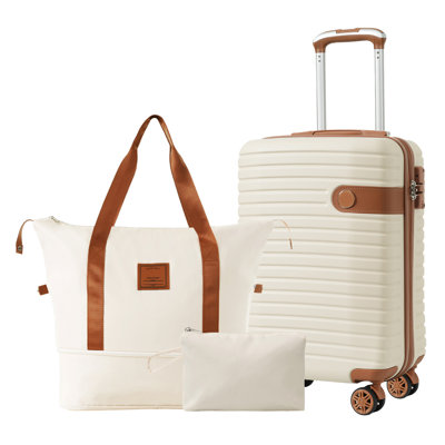 Ensembles de valises 3 pièces, valises de transport légères en plastique rigide à roulettes 22 po x 14 po x 9 po, approuvées par les compagnies aériennes, 20 po, crème