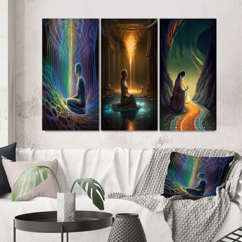 «Rainbow Energetic Body Matrix Meditation», 3 pièces sur toile, H 48 po x l 32 po, Toile tendue