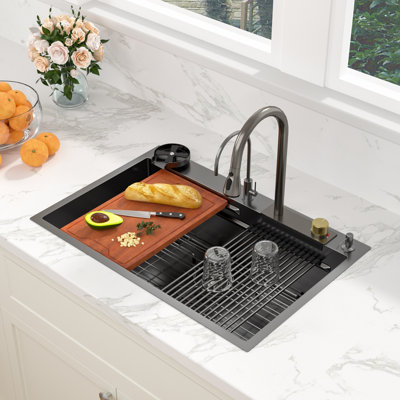 33" L x 22" W Drop in Kitchen Sink Single Bowl 16 Gauge Stainless Steel Workstation Sinks with Waterfall Faucet Combo and Cup Sprayer
