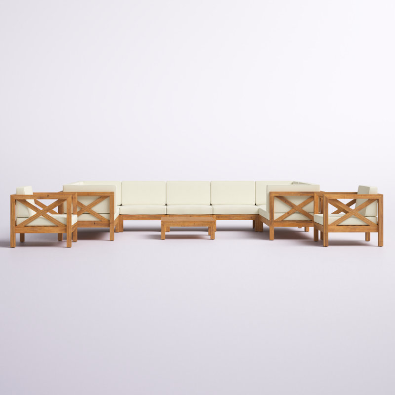 Jacklyn 10-Piece Modular Outdoor Sectional with Cushions , Teak Frame / Beige Cushion