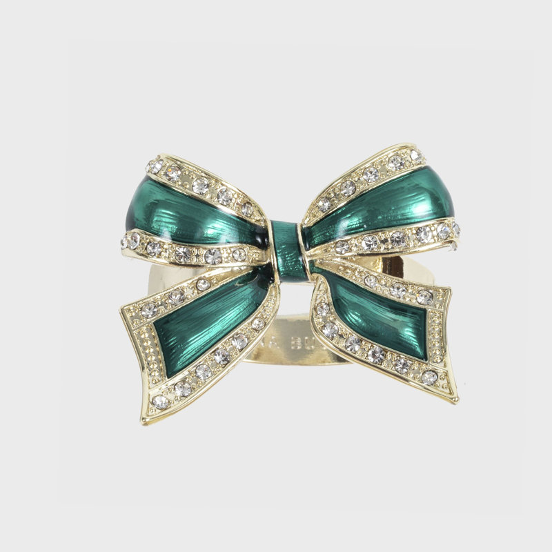 Enamel Bow Skinny Napkin Rings, Green/Shiny Gold
