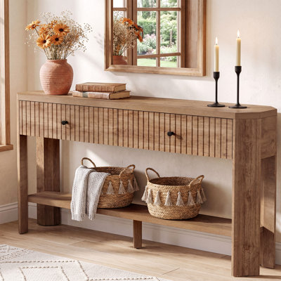 59-Inch Console Table with 2 Drawers, Narrow Entryway Table with Shelf, Fluted Sofa Tables Behind Couch for Living Room, Hallway