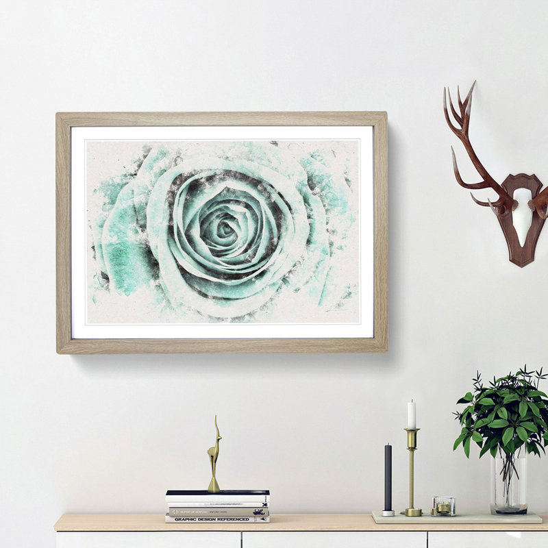 Mint Green Rose - Picture Frame Graphic Art Print, 62cm H x 87cm W x 2cm D, Oak Framed