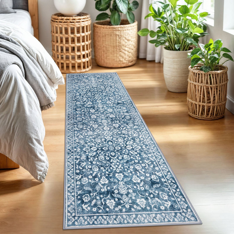Blue Machine Washable Rugs for Bedroom Non-Slip Low Pile Throw Rugs with Rubber Backing Washable Carpet, Runner 2' x 7'
