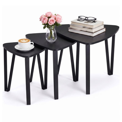 Set of 3 Triangle Nesting Coffee Tables, Industrial Side Tables with Black Metal Frame & Black Top, Space Saving Accent End Tables