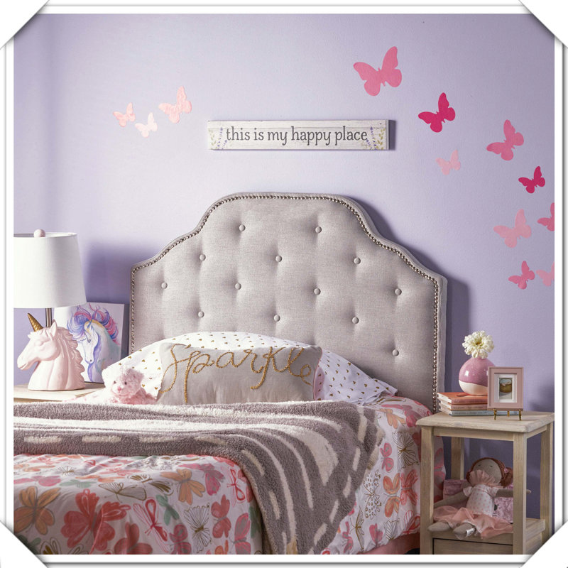 Tufted Upholstered Headboard Solid Wood Metal Legs Adjustable Height Nailhead Trim,Twin, Light Gray