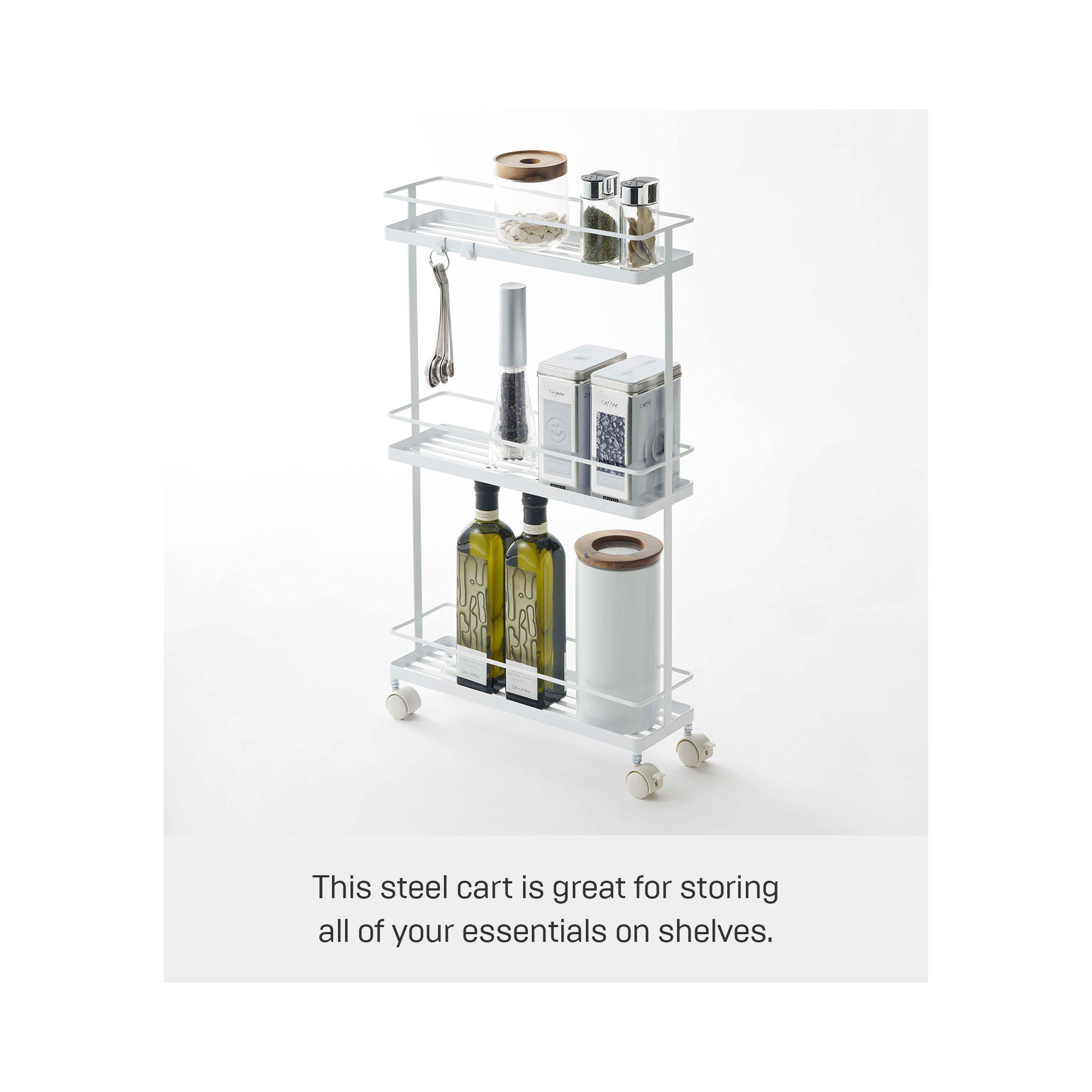 Tower Yamazaki Home Rolling Kitchen Island Metal Storage Cart, Portable Organizer Shelves, White