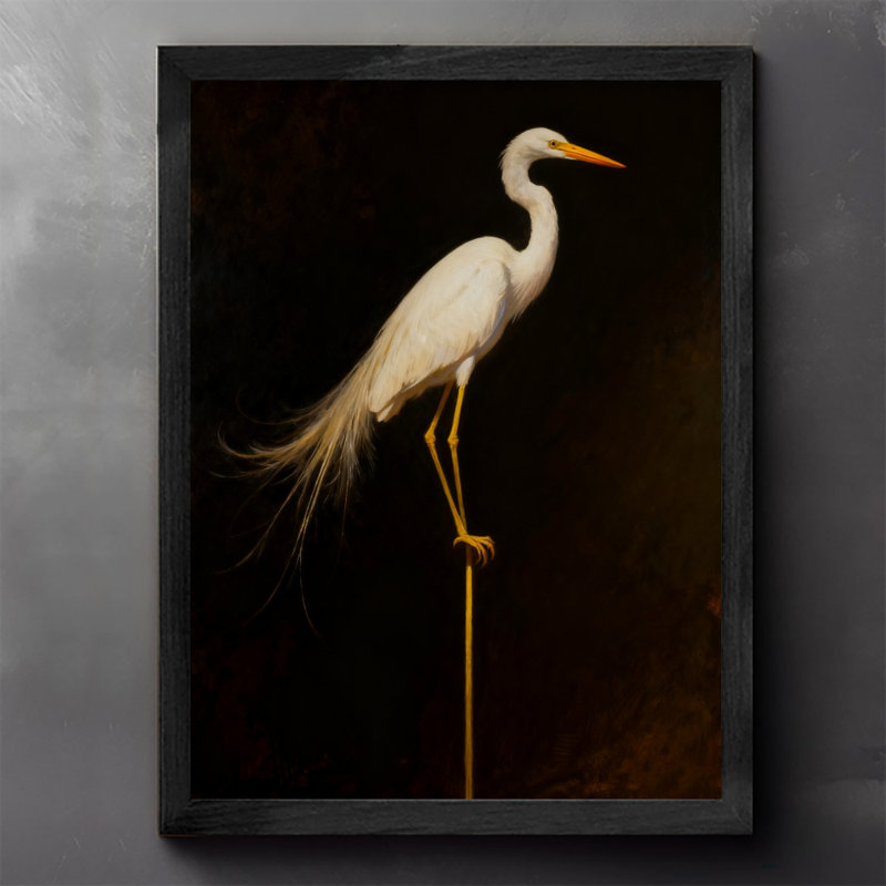 Aigrette blanche rétro encadrée noire - élégance et beauté naturelle, impressions murales de style rétro, H 37 po x l 25 po