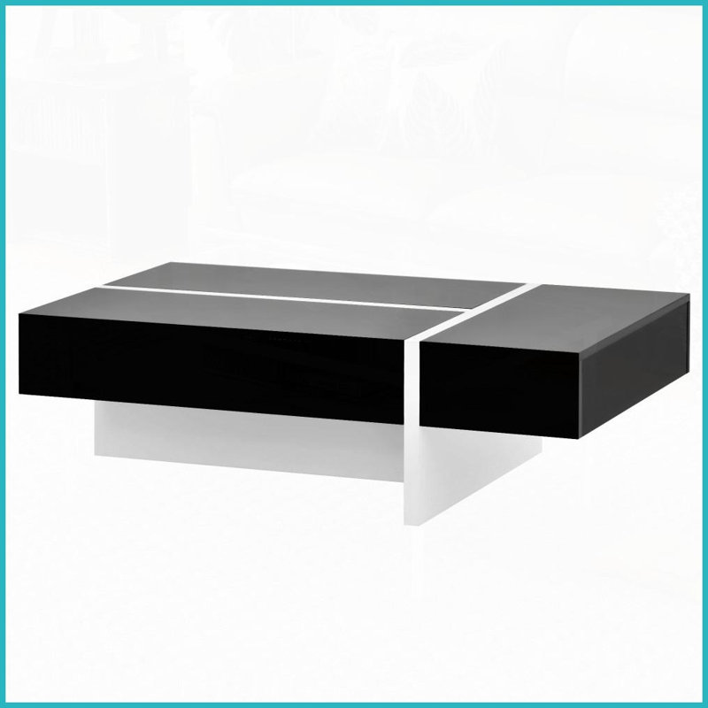 Noir et noir Table basse de salon moderne blanche, plateau rectangulaire de 45,3 po avec tiroir de 29 po x 9 po, placage UV facile à nettoyer