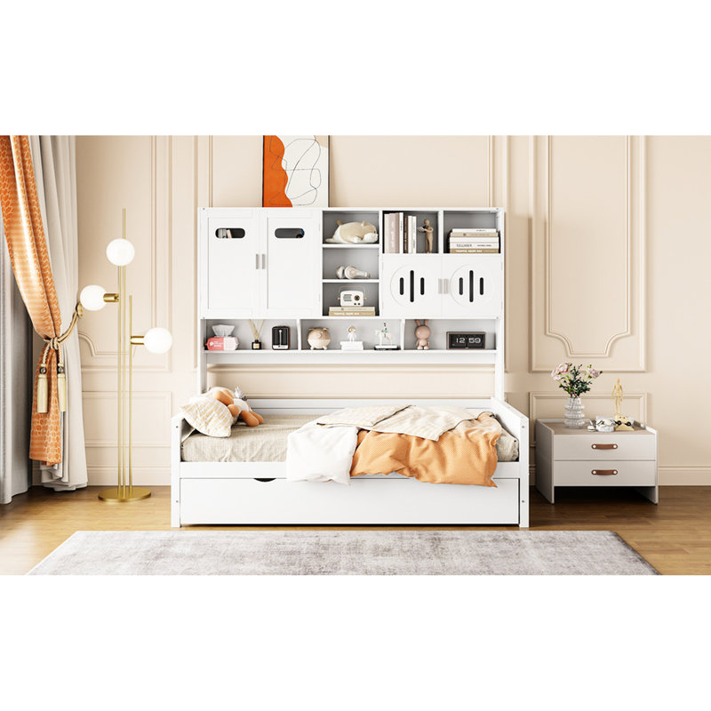Lit de jour simple blanc avec rangement et lit gigogne, style simple - Élégante tablette d'armoire en bois fonctionnelle