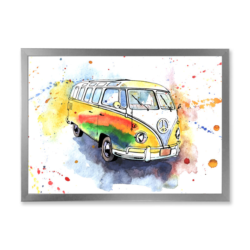 «Retro Grungy Hippy Bus», peinture sur toile, Cadre de coin argenté fermé, H 24 po x l 32 po x P 1 po