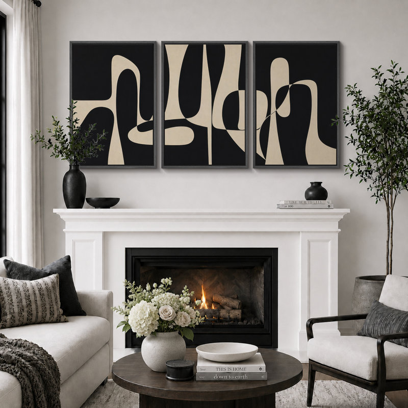"Black Beige Organic Shape Art", photos de salon, impression sur toile encadrée, 3 pièces, H 24 po x l 48 po x P 1,5 po