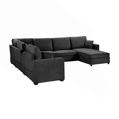 5‑Seat Modular Sectional Sofa Couch, 134" U‑Shape Couch, Large Family Sofa with Chaise Lounge, Deep Seat Comfort, Built‑In Cup Holders, Storage Drawer and Pillows for Living Room