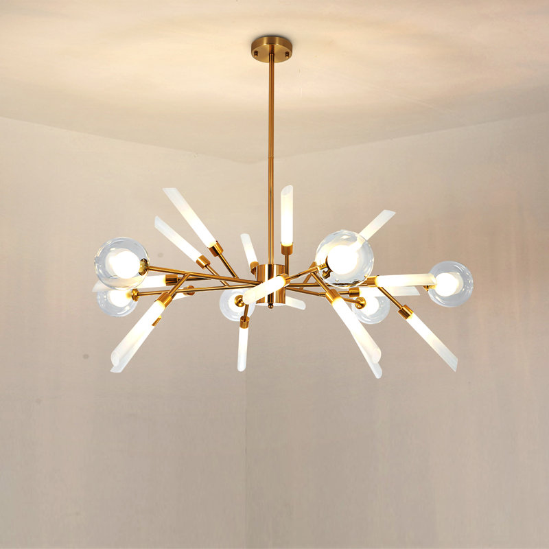 Lustre spoutnik doré 24 lumières à intensité variable avec abat-jour en verre, Blanc