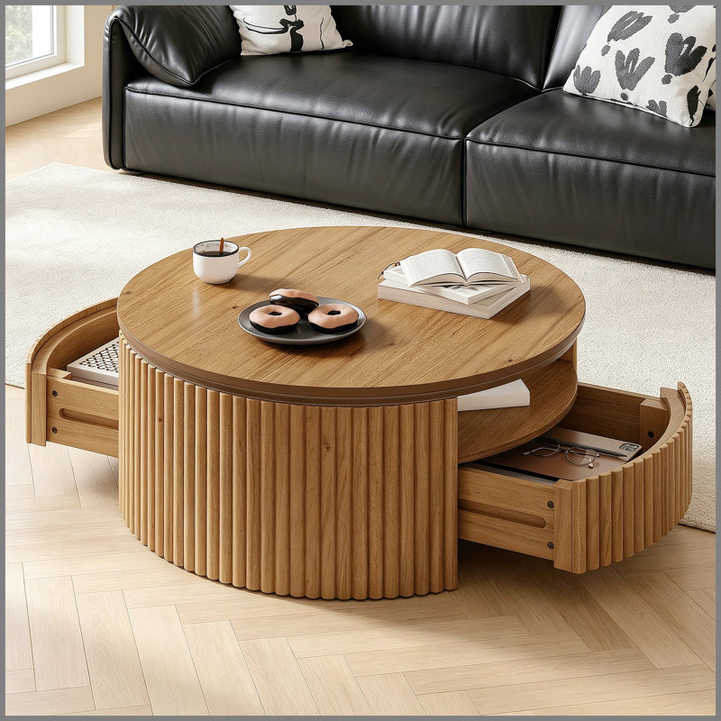 Table basse ronde en bois massif cannelé noyer avec tiroirs de rangement cachés, table basse tambour moderne Mid-Century