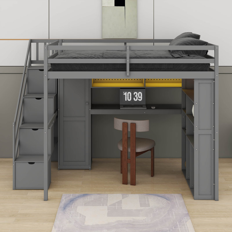 Structure de lit mezzanine avec bureau d'étude intégré et lumières DEL, lit mezzanine en bois avec garde-robe, tablettes de rangement