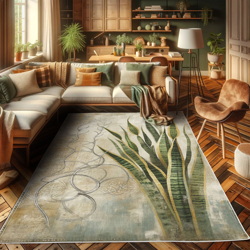 Botanical Green Beige Synthetic Easy Care Area Rug 2' 5" x 5'