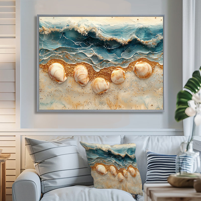 Coquillage et plage marbrée paysage III - art mural bord de mer, H 30 po x l 40 po, Cadre flottant, Argent argent