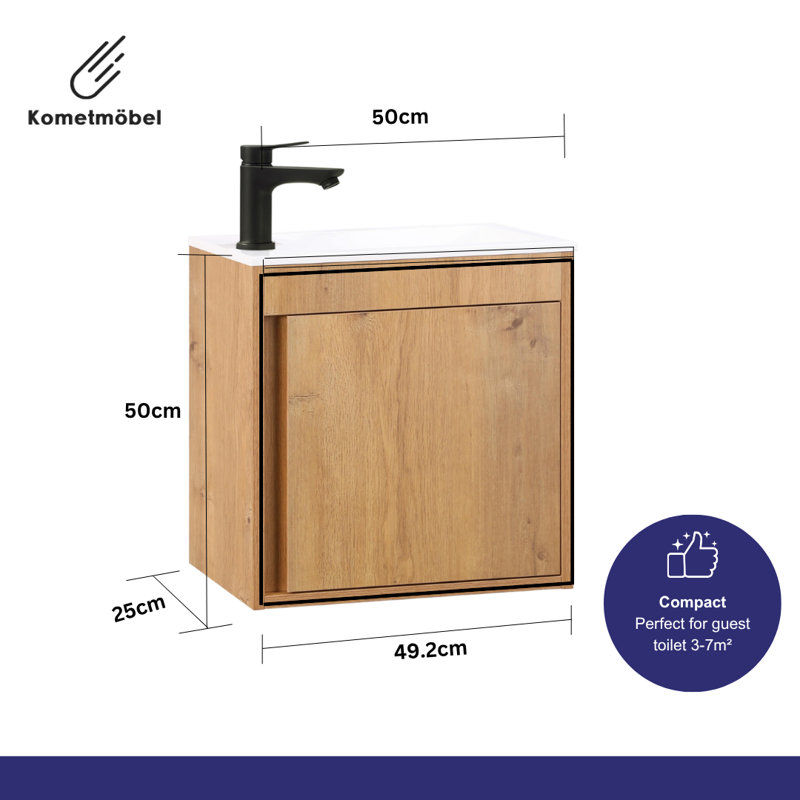 500mm Single Bathroom Vanity with Integrated Resin Basin, Oak