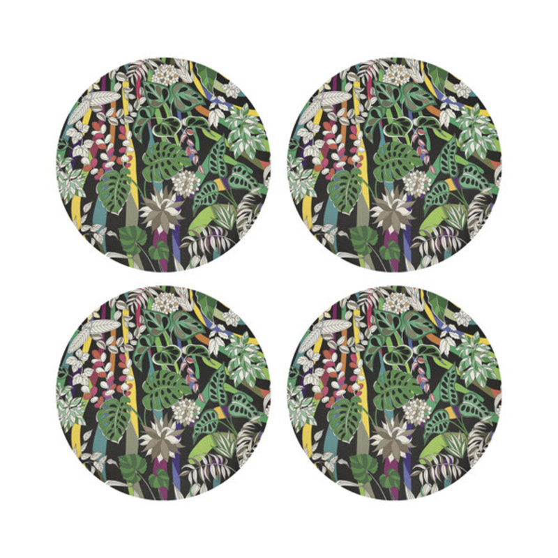 Sabi Jungle Beige Vegan Leather Round Coasters, Black